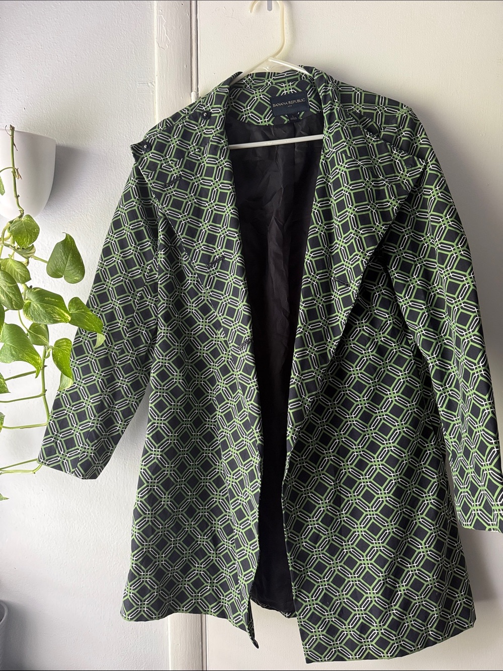 Banana Republic Black Trench Coat with Green Geometric Print